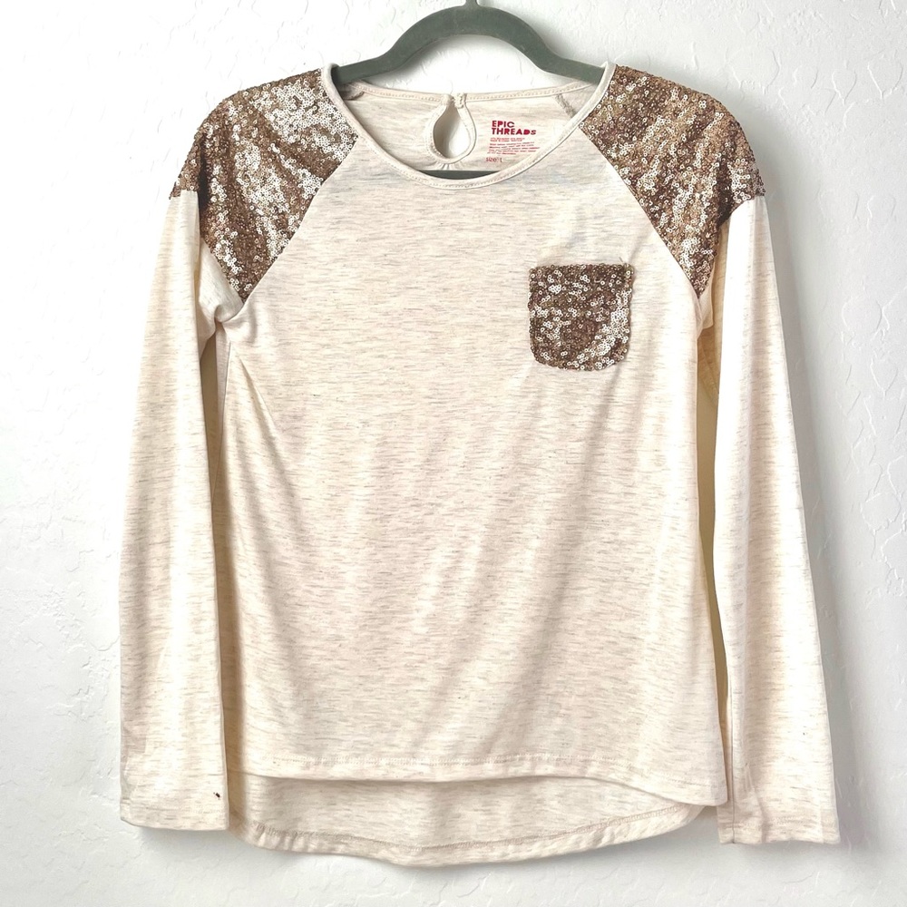 Epic Threads Kids Girls Long‎ Sleeve Shirt Size L Cream Sequins Pocket Top